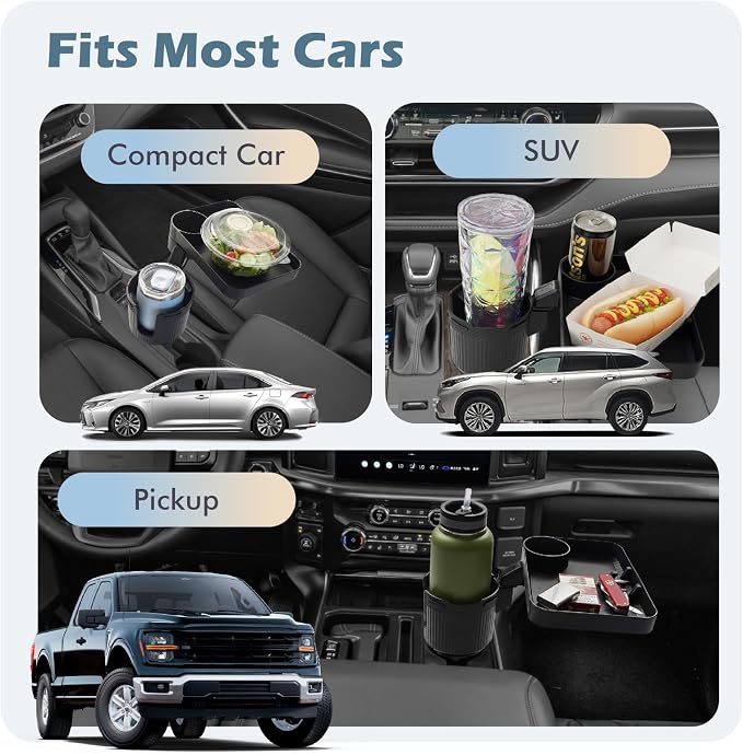 Upgraded Car Cup Holder Tray, 3 in 1 Car Cup Holder Expander Adapter, 360° Rotating Detachable 10.5" Car Food Tray Table for Eating, Road Trip Essentials, Fits Yeti/Hydro Flask 16–46oz