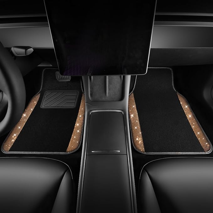 Bling Diamond Car Floor Mats, Shining Rhinestone Carpet Sparkly Glitter Crystal with Anti-Slip PVC Heel Pad Waterproof Universal Fit Automotive SUV,Sedan,Van,Cute Girl Women,4pcs Golden