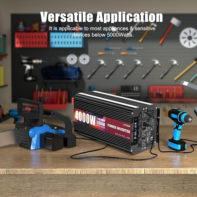 4000 Watt Power Inverter 12V to 110V 120V for Vehicle, Solar Inverter System, Heavy Duty, RV, Truck, Off Grid,Camping with 4 AC Outlets, LCD Display, Wireless Remote Control, Car Power Inverter