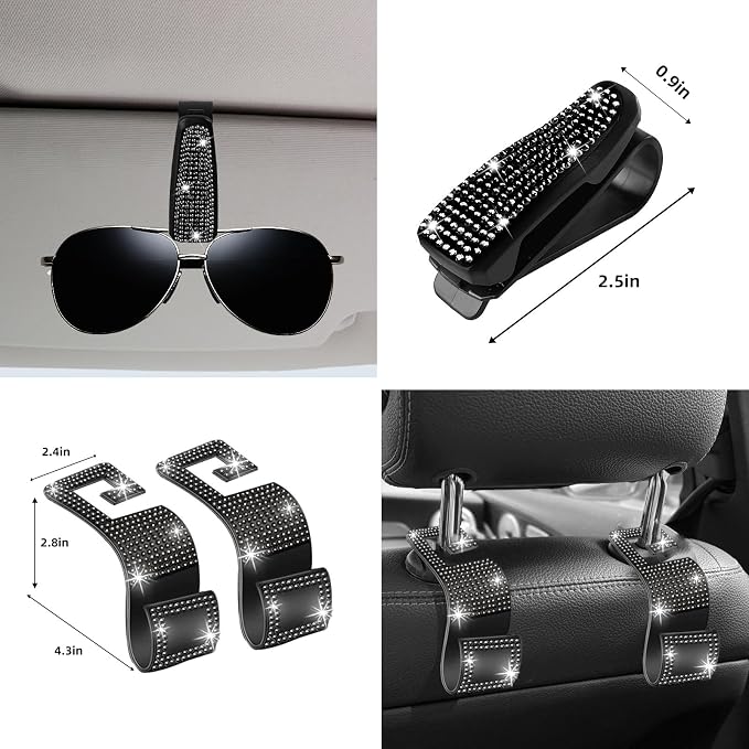 27 PCs Black Bling Car Accessories Set for Women, Steering Wheel Covers Universal Fit 15 Inch, Bling License Plate Frame, Bling Phone Holder, Bling Car Coasters (Black Diamond)