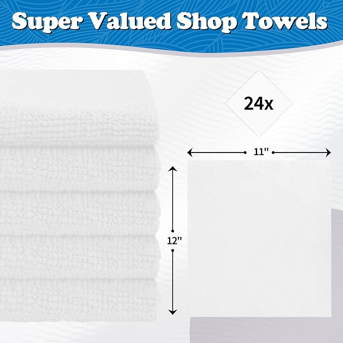 Microfiber Cleaning Cloth, Shop Towels Bulk, 24 Pack White Microfiber Towels for Cars, All-Purpose Absorbent Cleaning Rags, Dust Cloth for Automotive, Mechanic, Garage, Bar, 12 x 11 inch