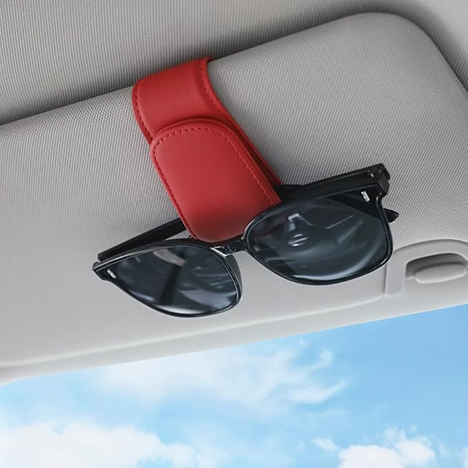 Sunglass Holder for Car Visor Sunglasses Clip Magnetic Leather Glasses Eyeglass Holder Truck Car Interior Accessories Universal for Woman Man -Red