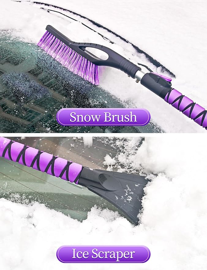 Ice Scraper and Brush for Car, Extendable Snow Brush and Ice Scraper for Car Windshield Window, Car Snow Scraper and Brush with Foam Grip for SUV Truck Automobile Vehicle - Purple