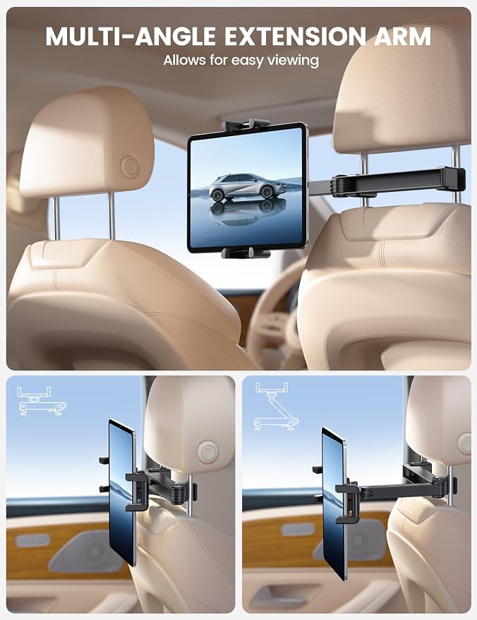 Car Headrest Tablet Holder - [Lockable] [Thick Case Friendly] [Foldable Clip] Car Backseat Tablet Mount, Gifts Car Accessories for Kids, for iPad Pro, Air, Mini, Fire HD, 4.7-13" Tablets