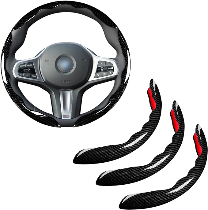 Car Steering Wheel Cover Set Bright Carbon Fiber Wrap Non-Slip 3pcs Steering Wheel Accessories 14.5-15 inch Universal (Black)