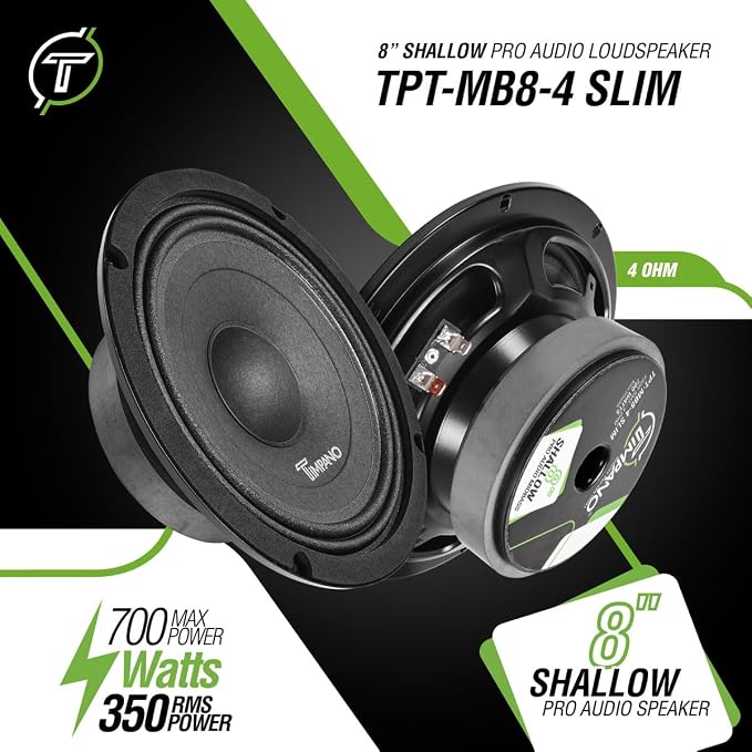 Timpano 8 Inch Shallow Car Speaker 700 Watts TPT-MB8-4 Slim Shallow Profile 4 Ohm, PRO Midbass Car Audio Loudspeaker Compact for Doors (Single)