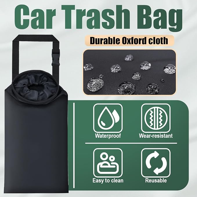2 PCS Car Trash Bags, Car Accessories Washable Garbage Bag Hanging, Detachable Trash Can with Top Elastic Vent & Sticky Strap Bottom Opening, Seat Back Tash Bag for Cars,Travelling,Outdoor