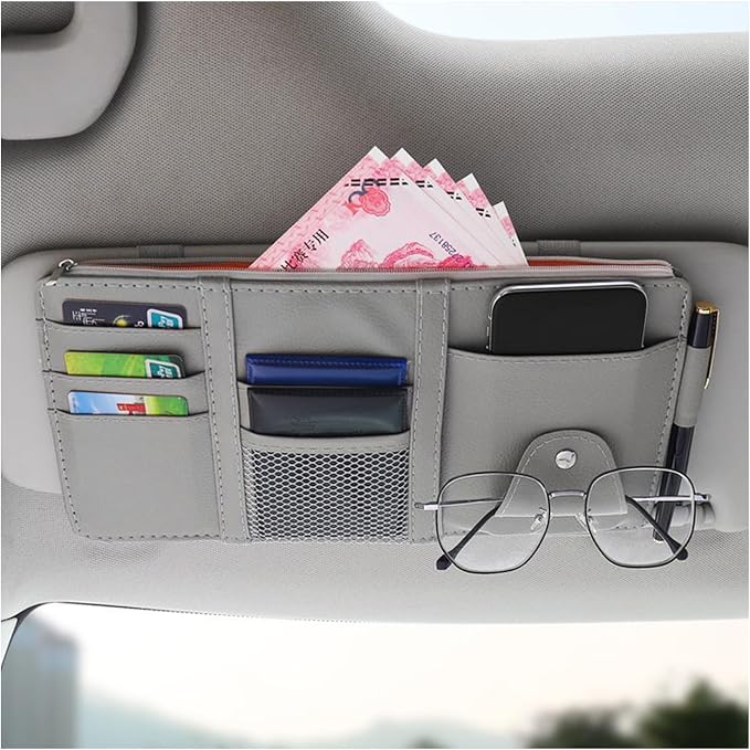 Car Sun Visor Organizer, Leather Personal Belonging Storage Pouch with Zipper, Car Visor Storage Pouch Sunglasses Holder, Auto Interior Accessories Pocket Organizers (Gray)