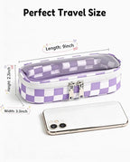 Preppy Checkered Clear Travel Makeup Brush Holder,Purple and Beige Checkered Makeup Brush Toiletry Bag,Portable Cosmetic Brush Case,Transparent Waterproof Makeup Brush Storage Bag