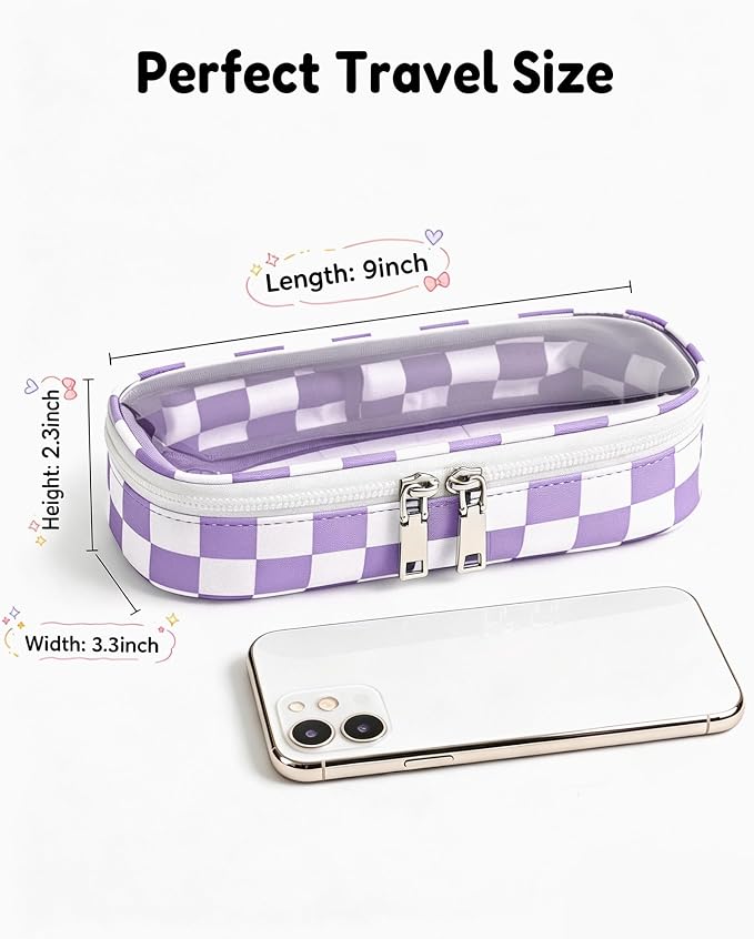 Preppy Checkered Clear Travel Makeup Brush Holder,Purple and Beige Checkered Makeup Brush Toiletry Bag,Portable Cosmetic Brush Case,Transparent Waterproof Makeup Brush Storage Bag