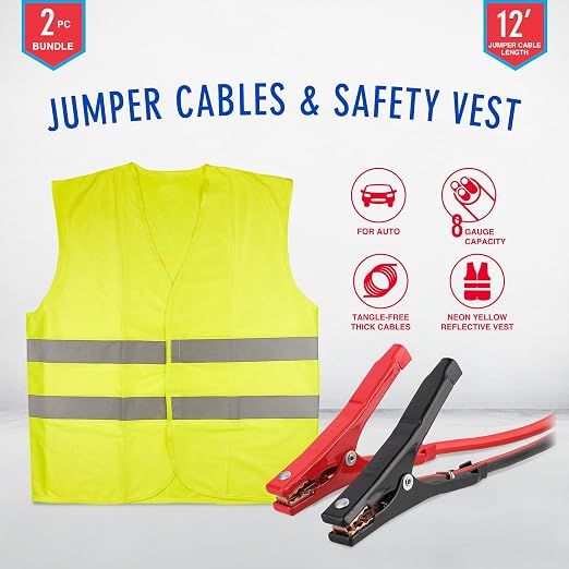 Jumper Cables for Car & Reflective Safety Vest Kit, 12-Foot 8-Guage Heavy Duty Jumper Cables to Jump Star Dead Batteries in Cars Trucks & SUVs, Automotive Booster, Professional Vehicle Safety Kit