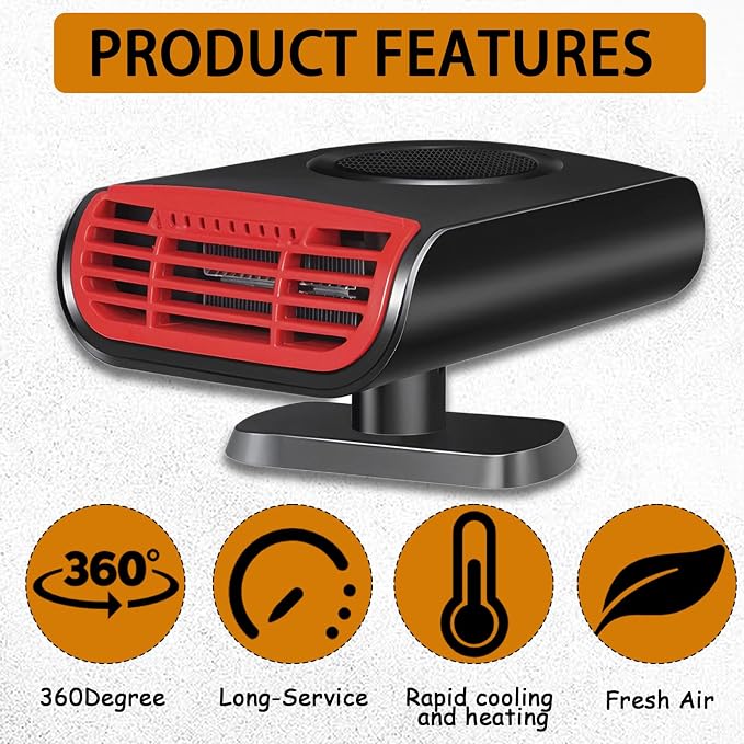 Portable 12V Car Heater & Defroster 150W, 360° Rotating Heater for Windshield and Cabin, Cigarette Lighter Plug for Vehicles,Trucks,RVs