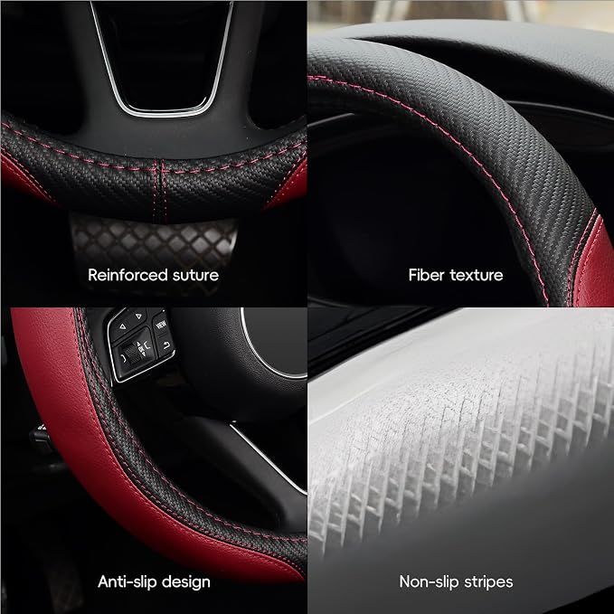 Microfiber Leather Auto Car Steering Wheel Cover, Universal 15 Inch Anti-Slip Wheel Protector, Claret