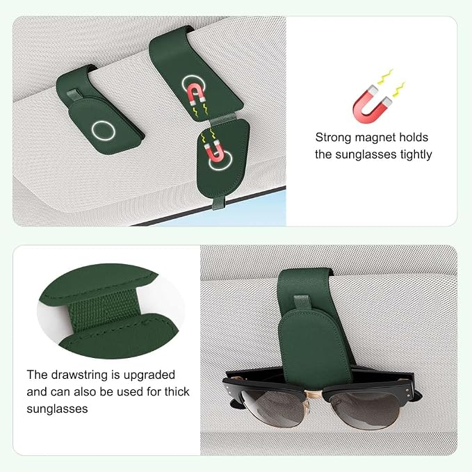 Sunglass Holder for Car Visor, Grass Green, 2 Packs | Suede Cloth, Magnetic, Organizer for Car Accessories