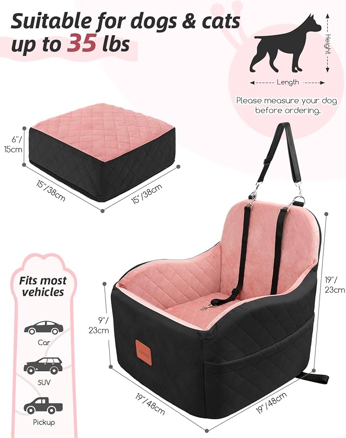 Dog Booster Car Seat for Small/Medium Dogs,Puppy Portable Car Bed with Elevated Cushion,Fully Detachable and Washable,2 Storage Pockets,Easy to Install (Black/Pink, Medium)