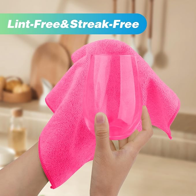 Pink Microfiber Cleaning Cloth, 24 Pack Absorbent Cleaning Rags, Lint-Free, Streak-Free Cleaning Towels for Car Kitchen House, 12"X11"