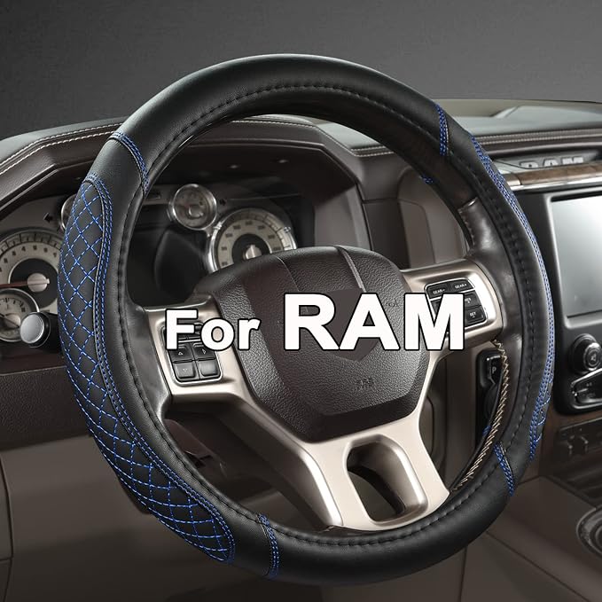 Customized Auto Car Steering Wheel Cover for Dodge RAM 1500 2500 3500, 15.5-16 inch (Diamond Quilted-Black+Blue-Large Size)