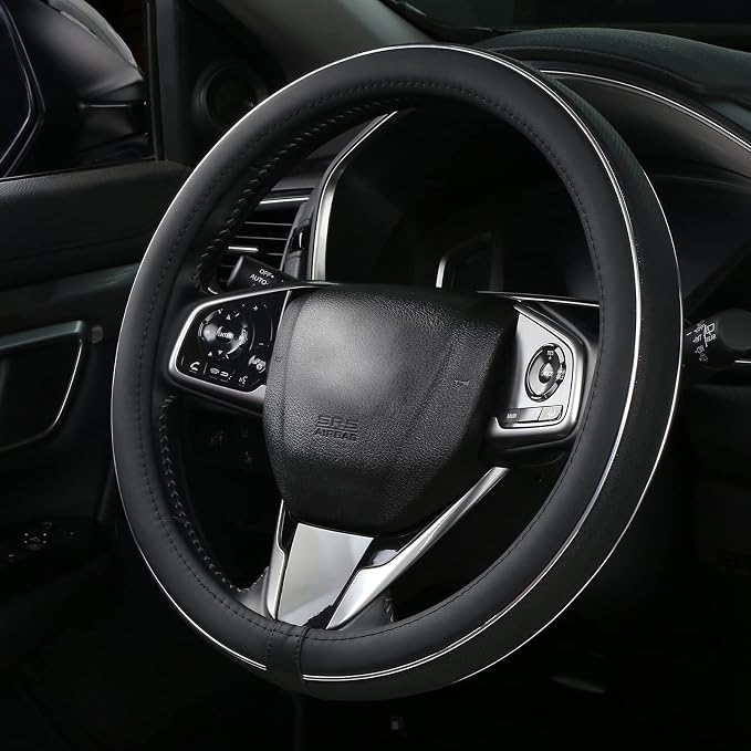 Black Leather Steering Wheel Cover Fiber Strip Car Steering Wheel Cover Universal 15 inch for Men