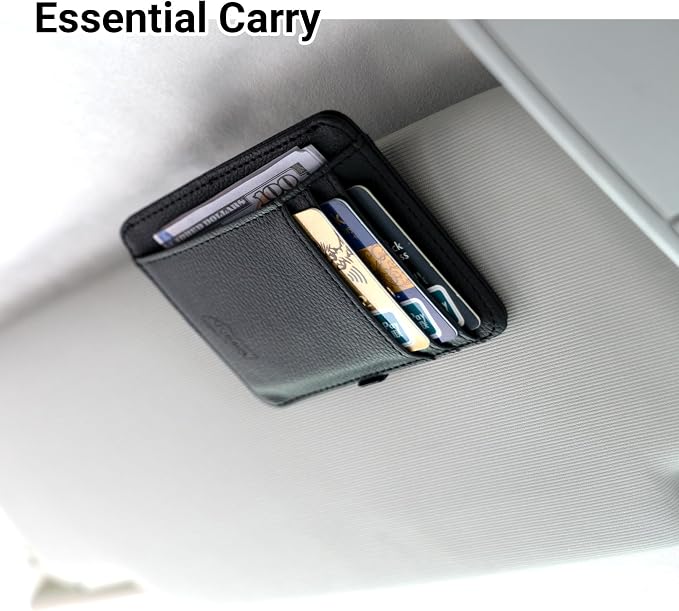 Magnetic Card Holder for Vehicle - Minimalist Leather RFID Blocking Credit Card Holder - Travel Wallets for Car Visor Organizer (Black)