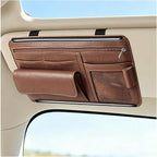 Car Sun Visor Organizer, Scratch-Resistant Auto Visor Glasses Storage Bag with Multi-Pocket Net Zipper, Waterproof Leather Sunshade Organizer Card Holder for Most Vehicles (Brown)