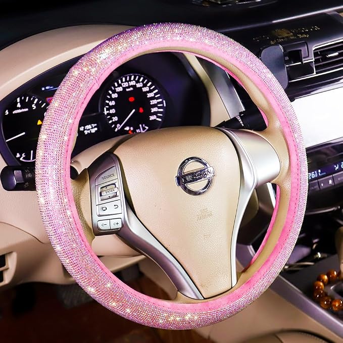 Car Steering Wheel Cover Pink for Women Girls Cute Bling Accessories 15 Inch Universal Colorful Crystal Rhinestone Diamond Rainbow Anti-Slip Wheel Protector