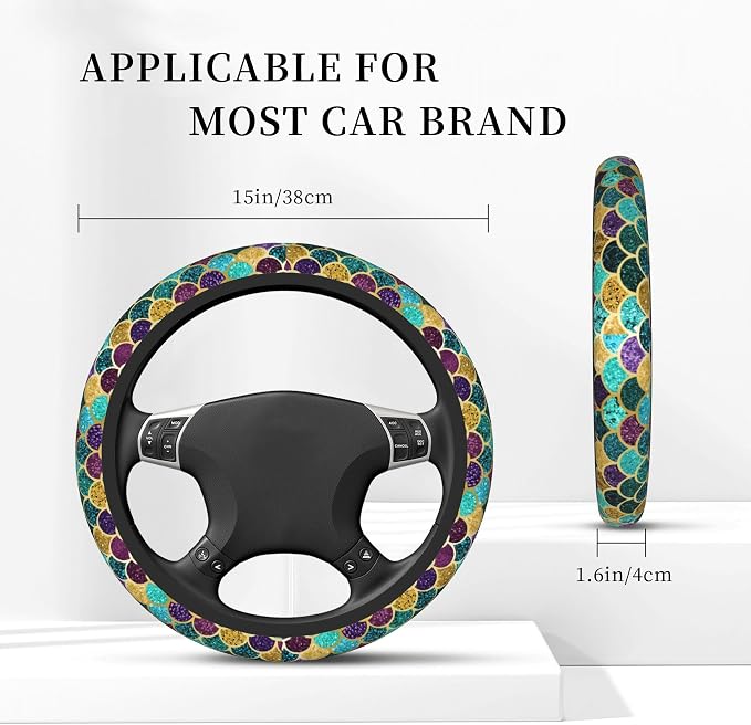 Glitter Mermaid Scales Steering Wheel Cover Cute for Women Men Car Accessories Universal 15 Inch Anti-Slip Automotive Steering Wheels Protector Covers for Truck SUV Sedan Turquoise