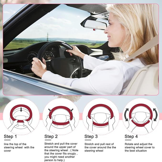 Pink Steering Wheel Cover, Non-Slip Breathable Comfort PU Imitation Leather Cute Car Accessories for Women Girl, Universal Protector in All Season 15 inch Fit Most Car
