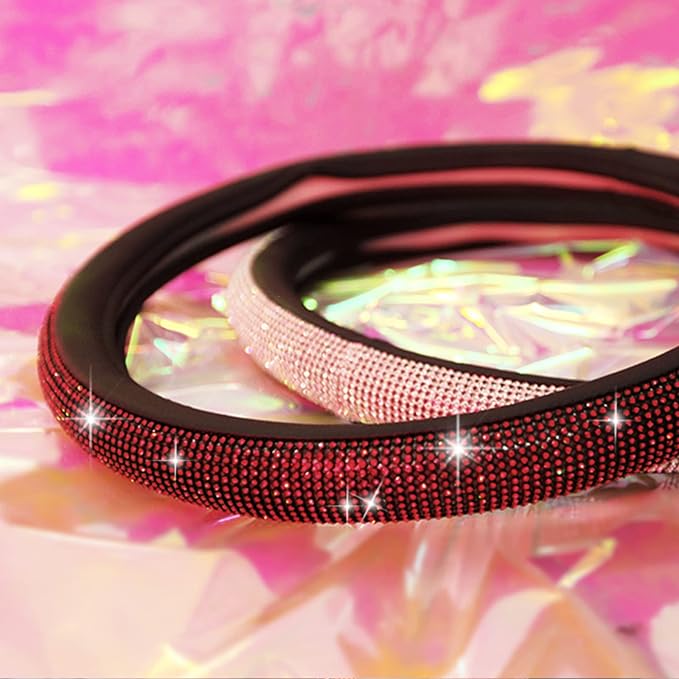 Red Diamond Black Leather Steering Wheel Cover, with Bling Crystal Rhinestones Universal Fit 14" 1/2-15" Crystal Glitter for Women Sparkle Girl Fit Suvs,Vans,Sedans,Cars,Trucks, Red Diamond
