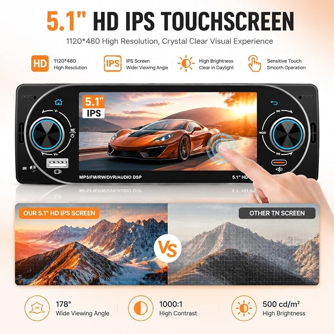 5.1" Single Din Bluetooth Car Stereo Wireless CarPlay Radio Android Auto | IPS Touchscreen, FM/AM/RDS radio, USB Type-C fast charging, 4×45W car audio, backup camera, fit most single din vehicles