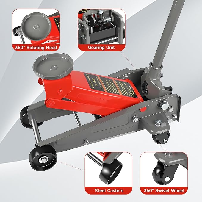 3 Ton Floor Jack, 6600LBS Heavy Duty Hydraulic Jack, Fast Lift with Wheels, Lift Range: 5.31''-18.11'', Steel Material, for Home, Garage and Repair Shops, Red