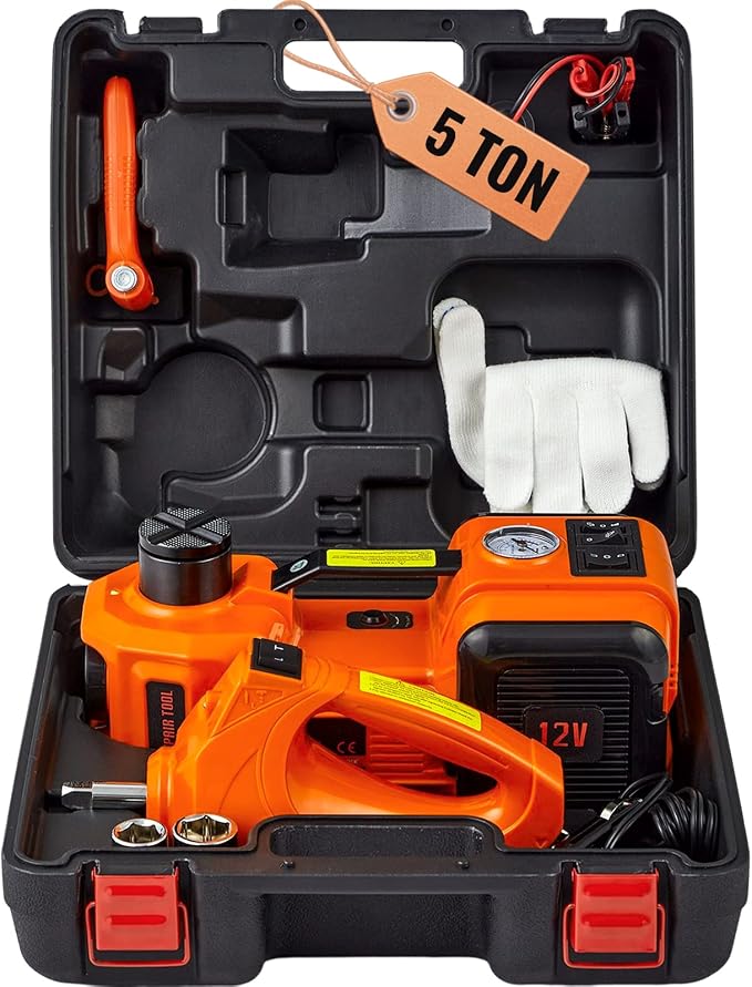 Electric Car Jack 5 Ton with Electric Impact Wrench & Inflator Pump | 12V 11023 lbs Hydraulic Floor Jack, Portable Tire Changing Kit, with LED Light, for SUV Sedan Truck, Garage Repair Tool