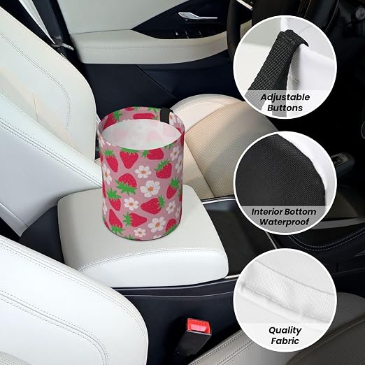 Car Garbage Bag Pink Strawberry and Floral Mini Car Trash Bin Portable Collapsible Waterproof Rubbish Bag for Car Accessories Back Front Seat Cup Holder