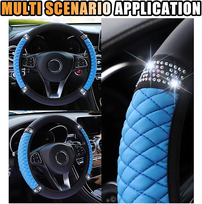 15 Inch Bling Soft Leather Car Steering Wheel Cover, Blue | Colorful Rhinestones Design, Auto Elastic Protector for Women Girls, Crystal Diamond Car Accessories for Most Cars, SUVs