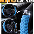 15 Inch Bling Soft Leather Car Steering Wheel Cover, Blue | Colorful Rhinestones Design, Auto Elastic Protector for Women Girls, Crystal Diamond Car Accessories for Most Cars, SUVs