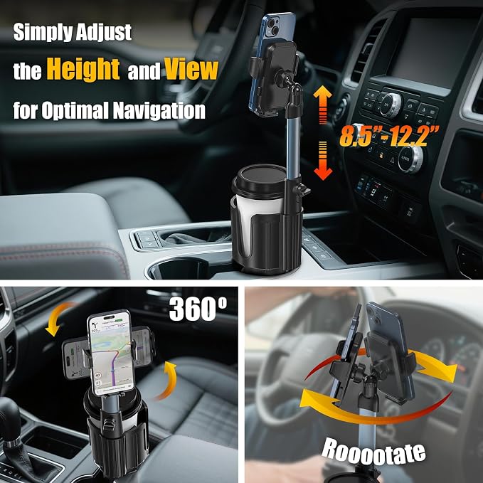 Car Phone Mount with Cup Holder Expander - Upgraded Anti-Shake 2-in-1 Cup Phone Holder for SUVS Trucks with Adjustable Aluminium Alloy Long Neck, fit for iPhone Samsung Galaxy (Black)