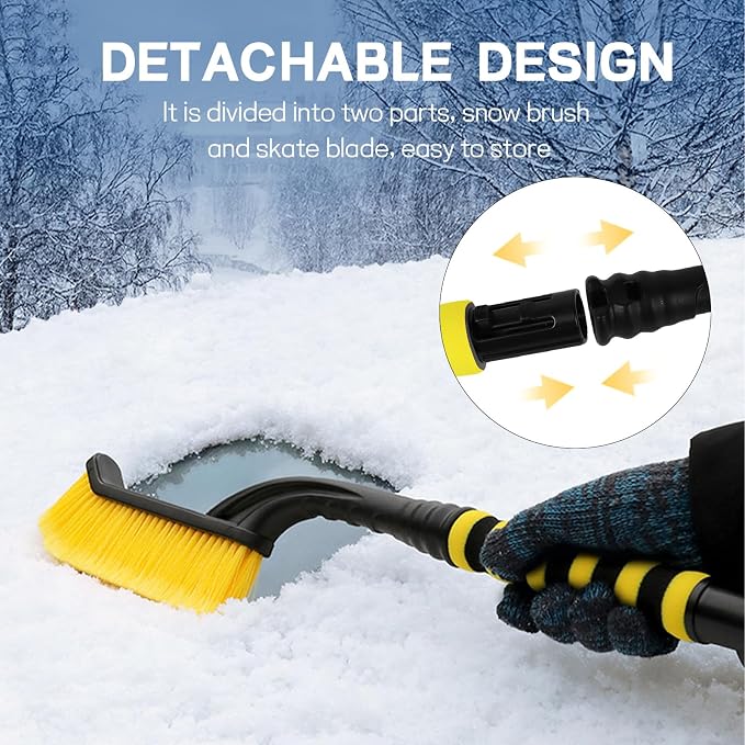26" Snow Brush & Ice Scraper for Car Windshield Window, 2-in-1 Detachable Snow Removal Scraper, Scratch Free Snow Removal Tool with Ergonomic Foam Grip, Winter Car Accessories (Yellow)