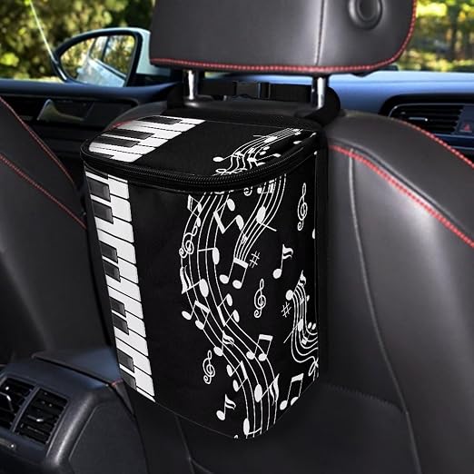 Music Note Piano Key Print Car Trash Can with Lid, Leak Proof Auto Trash Bag Hanging Vehicle Garbage Can Multipurpose Storage Container for Back Seat Road Trip