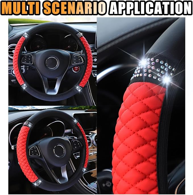 15 Inch Bling Soft Leather Car Steering Wheel Cover, Red | Colorful Rhinestones Design, Auto Elastic Protector for Women Girls, Crystal Diamond Car Accessories for Most Cars, SUVs