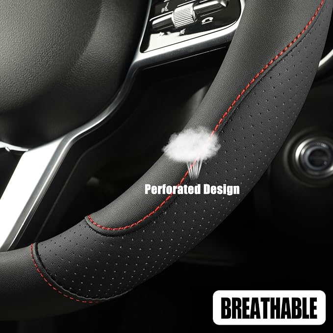 Black Microfiber Leather Steering Wheel Cover 15 inch | Breathable Anti Slip Grip Cool Sporty Look Glow for Women Men