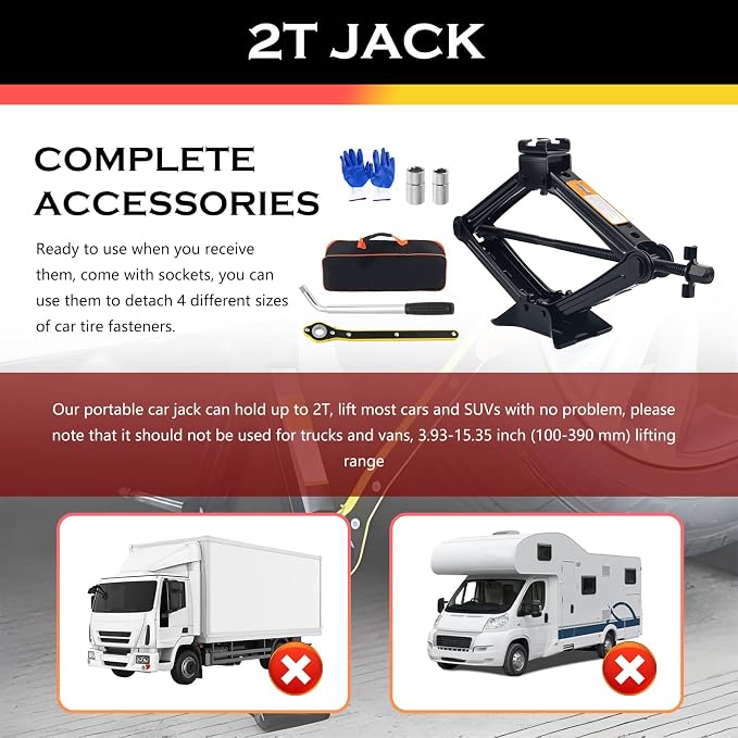 2T Scissor Jack for Car Tool Kit,Heavy Duty Car Tire Changing Kit for Automotive Lifting with Ratchet Wrench & Lug Wrench,Sturdy Cars Jack Kits Automotive Tools Lift Range 3.93-15.35"