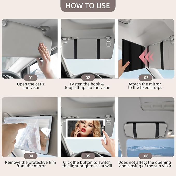 Car Sun Visor Vanity Mirror with Lights, Rechargeable LED Car Visor Makeup Mirror with 3 Color Dimmable Lights - Universal Accessories for Cars, SUVs, Trucks (Black)