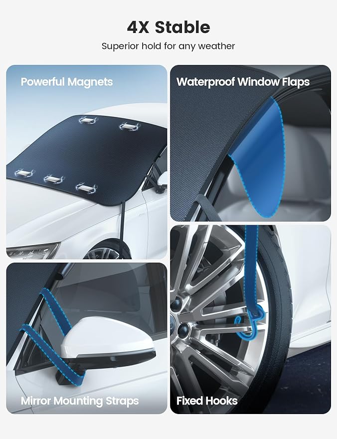 Windshield Cover for Ice and Snow - [ Magnetic Fit][ 1S Snow Removal][ Ultra Waterproof] Heavy Duty 800D Oxford Fabric, 4X Stable, Winter Car Gifts Accessories for Most Cars, SUV (62"x48")