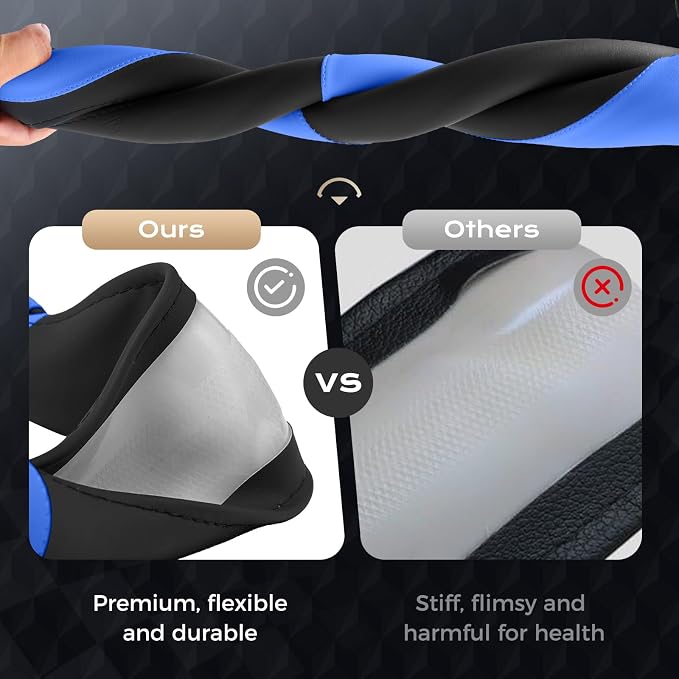 Coverado Car Steering Wheel Cover, Nappa Leather Black & Blue Steering Wheel Covers for Women, Universal 14-15 inch, Anti-Slip, Breathable Steering Wheel Protector