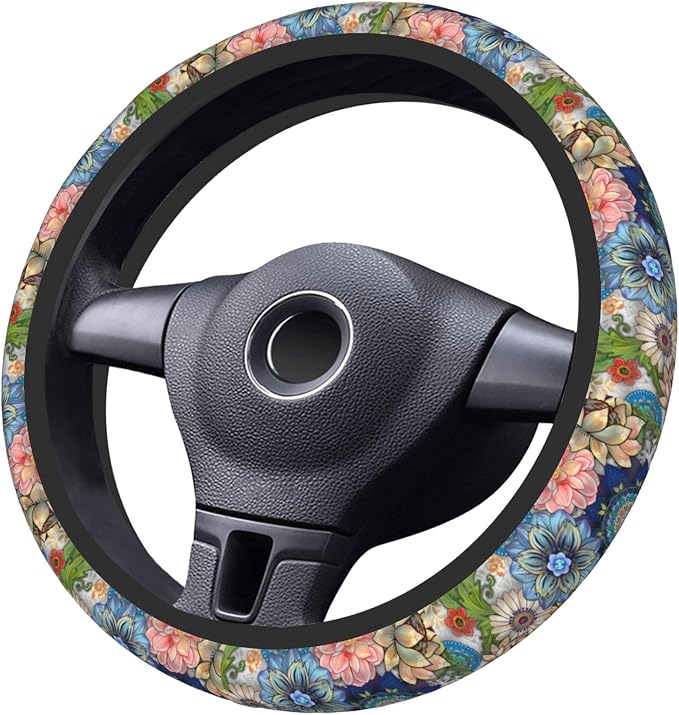 Colorful Boho Floral Bright Blossoms Print Cute Steering Wheel Cover for Women,Car Accessories Interior Decor Universal for SUV Sedan Trucks (15 Inch)