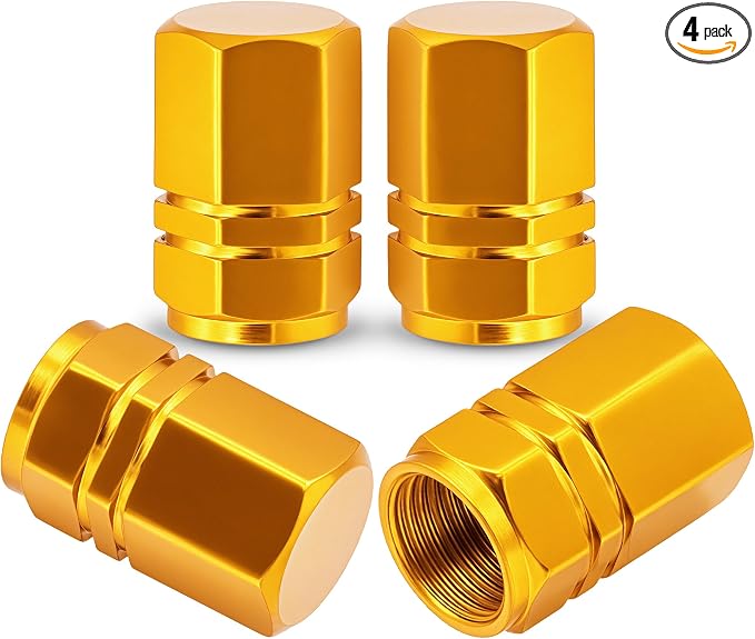 4PCS Tire Valve Stem Caps, with Rubber O-Ring, Corrosion Resistant Leak-Proof, Aluminum Alloy Universal Wheel Valve Covers for Cars, SUV, Trucks, Bikes, Motorcycles, Bicycles(Gold)