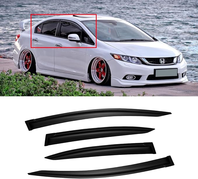 Window Visors for 2012-2015 Honda Civic Sedan 4-Door, Outside-Mount Shatterproof Rain Guards Vent Deflector Shade Dark Smoke 2013 2014, Tape-On, 4PCS