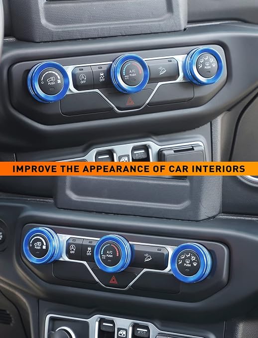 HVAC Climate Control Panel Knob Trim Kits & Light Control Switch Cover, Air Conditioner Knob Aluminum Alloy Ring for 2018-2024 Jeep Wrangler JL JLU & Gladiator JT, Interior Accessories, Blue