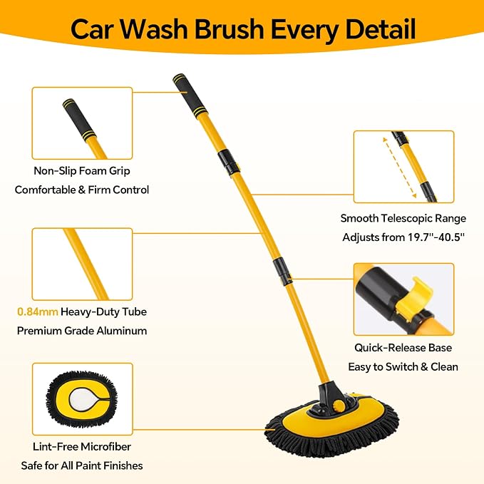 7-in-1 Car Wash Kit with 20L Folding Bucket & Brush – Car Wash Mop with Long Handle, 15° Curved Aluminum Pole for SUV Roof, Car Washing Brushes & Cleaning Supplies, RVs-Yellow.