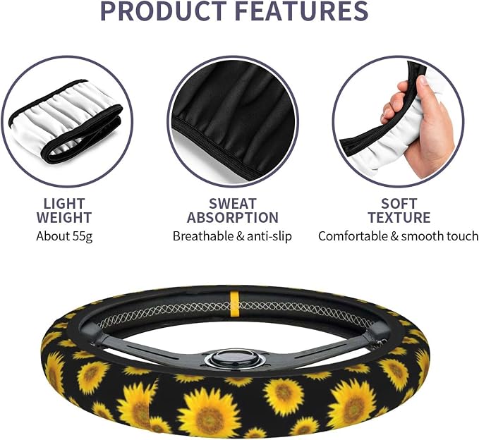 Sunflower Car Steering Wheel Cover - Sunflower Steering Wheel Cover Anti-Slip Breathable 15 Inch Universal 2 Pcs Car Interior Cup Holder Pad for Men Women