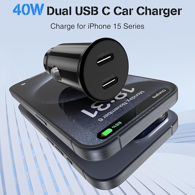 USB C Car Charger for iPhone 17 16 15 Pro Max,40W Dual Port USB-C & USB-A Car Fast Charging Adapter,2X10FT C to C Cable & A to C Carplay Cable for iPhone 17 16 15 Series/iPhone Air,iPad,Samsung-Black
